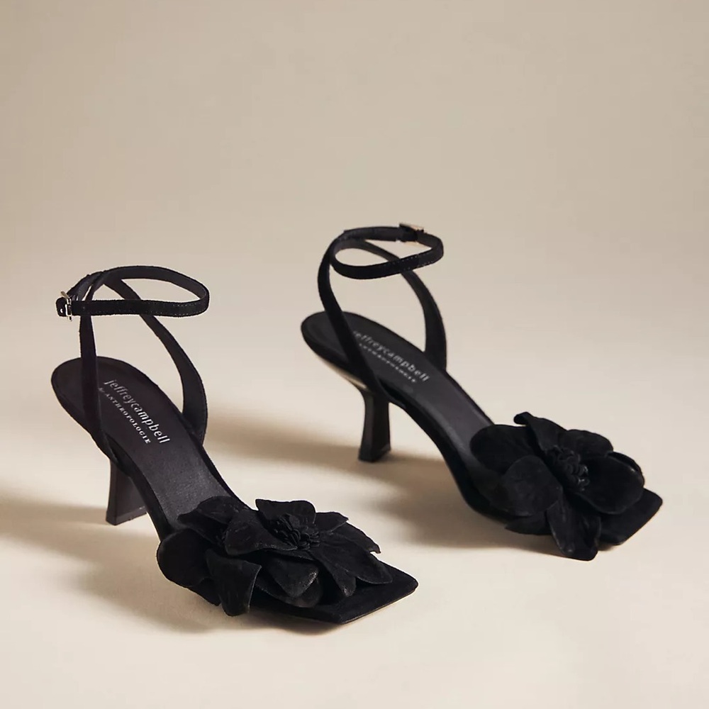 New Jeffrey Campbel Essence Kitten Heels black Suede Floral Anthro Women size 7M